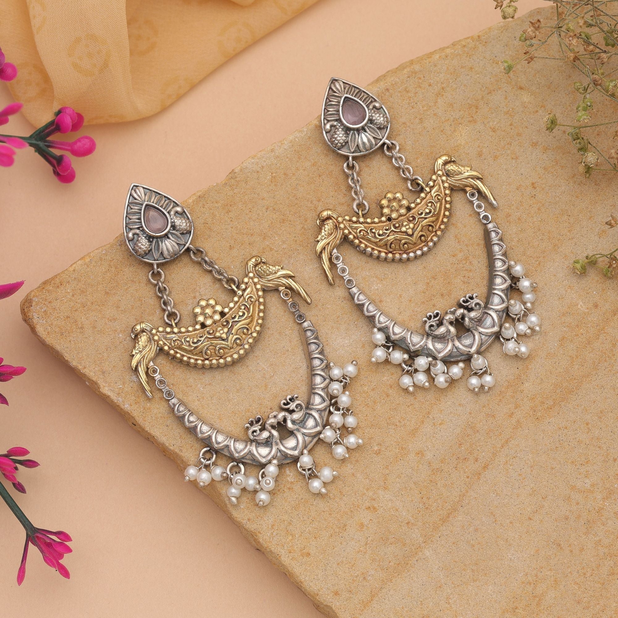 Light Pink & White Color Dual Tone Oxidised Earrings