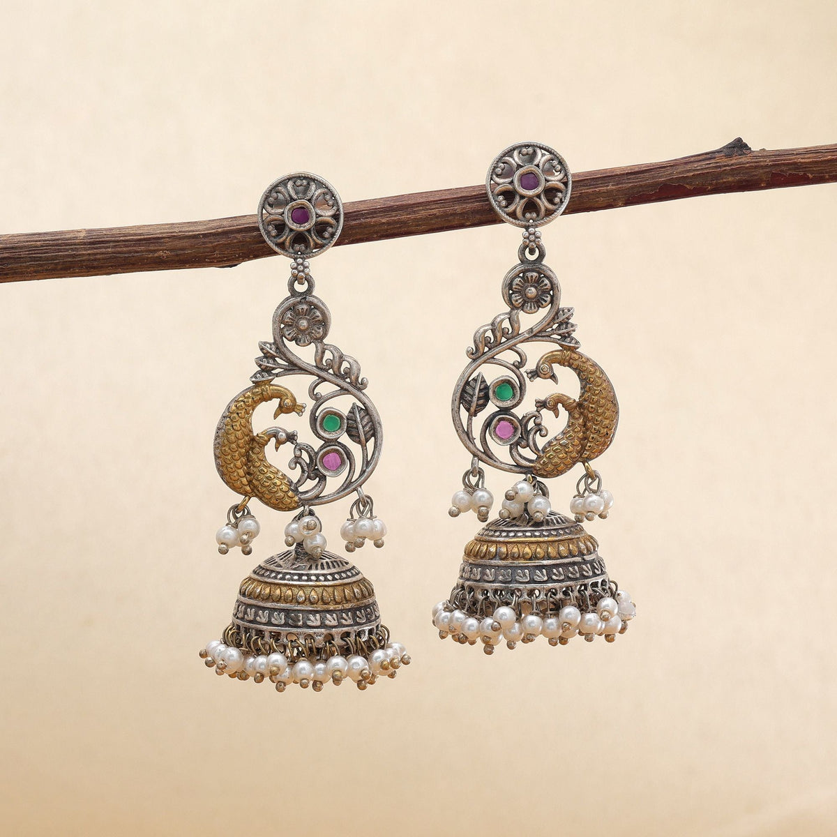 Pink & Green Color Dual Tone Oxidised Earrings