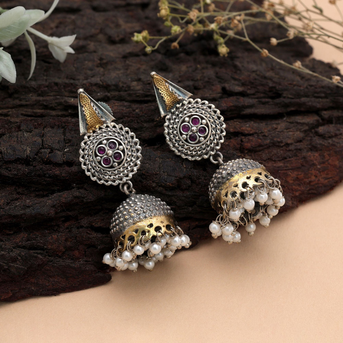 Pink Color Dual Tone Oxidised Jhumka Earrings