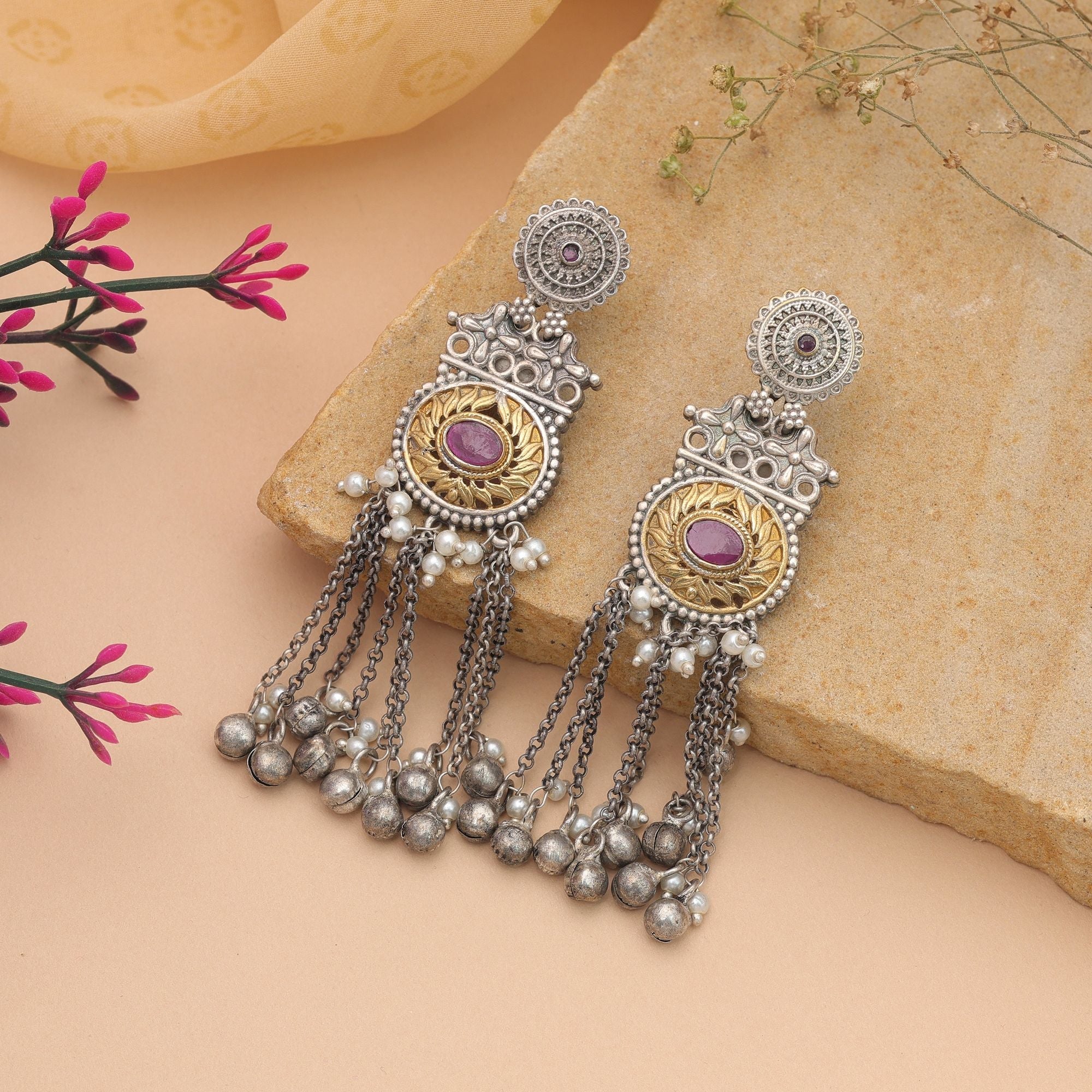 Pink Color Dual Tone Oxidised Dangle Earrings