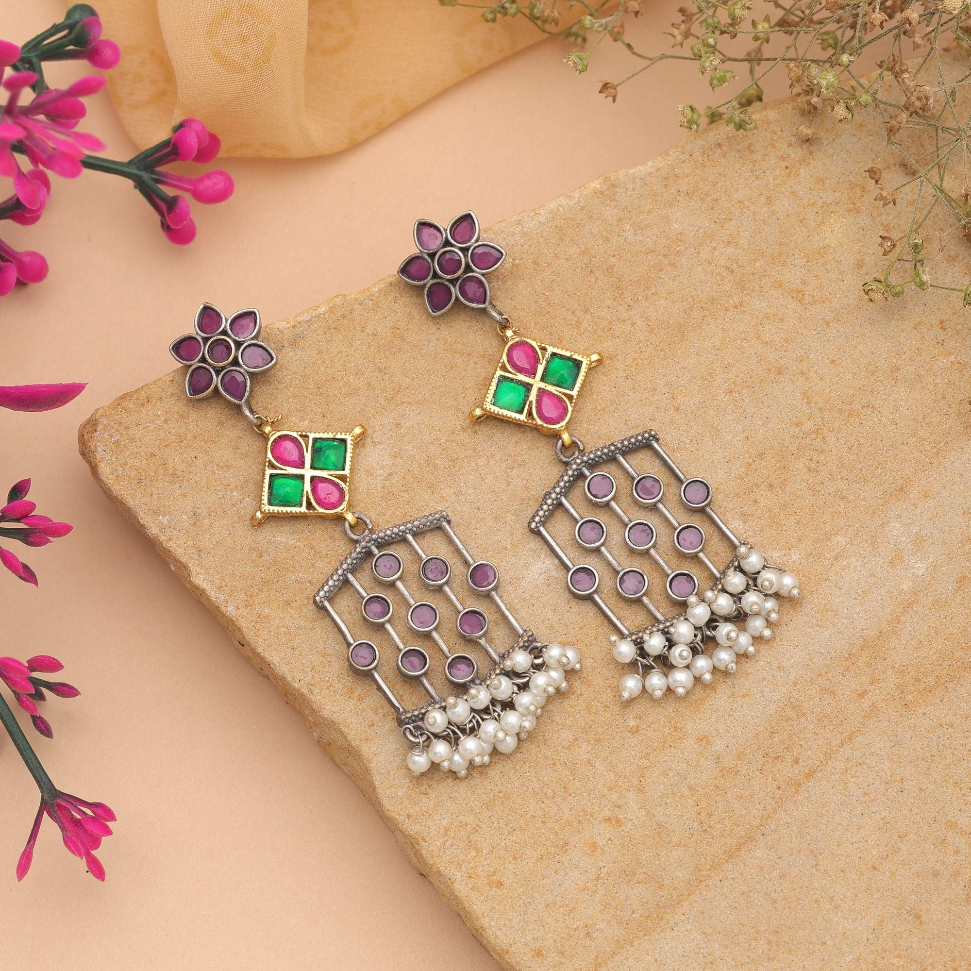 Rani & Green Color Dual Tone Oxidised Earrings