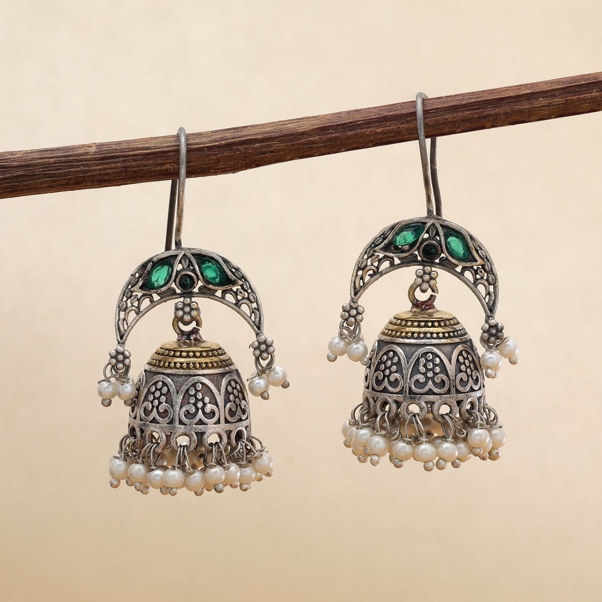Green Color Dual Tone Oxidised Jhumka Earrings