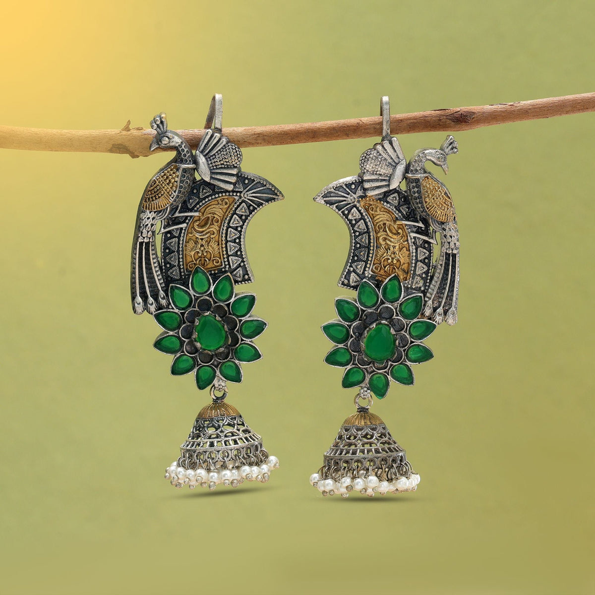 Green Color Dual Tone Oxidised Earrings Cuff