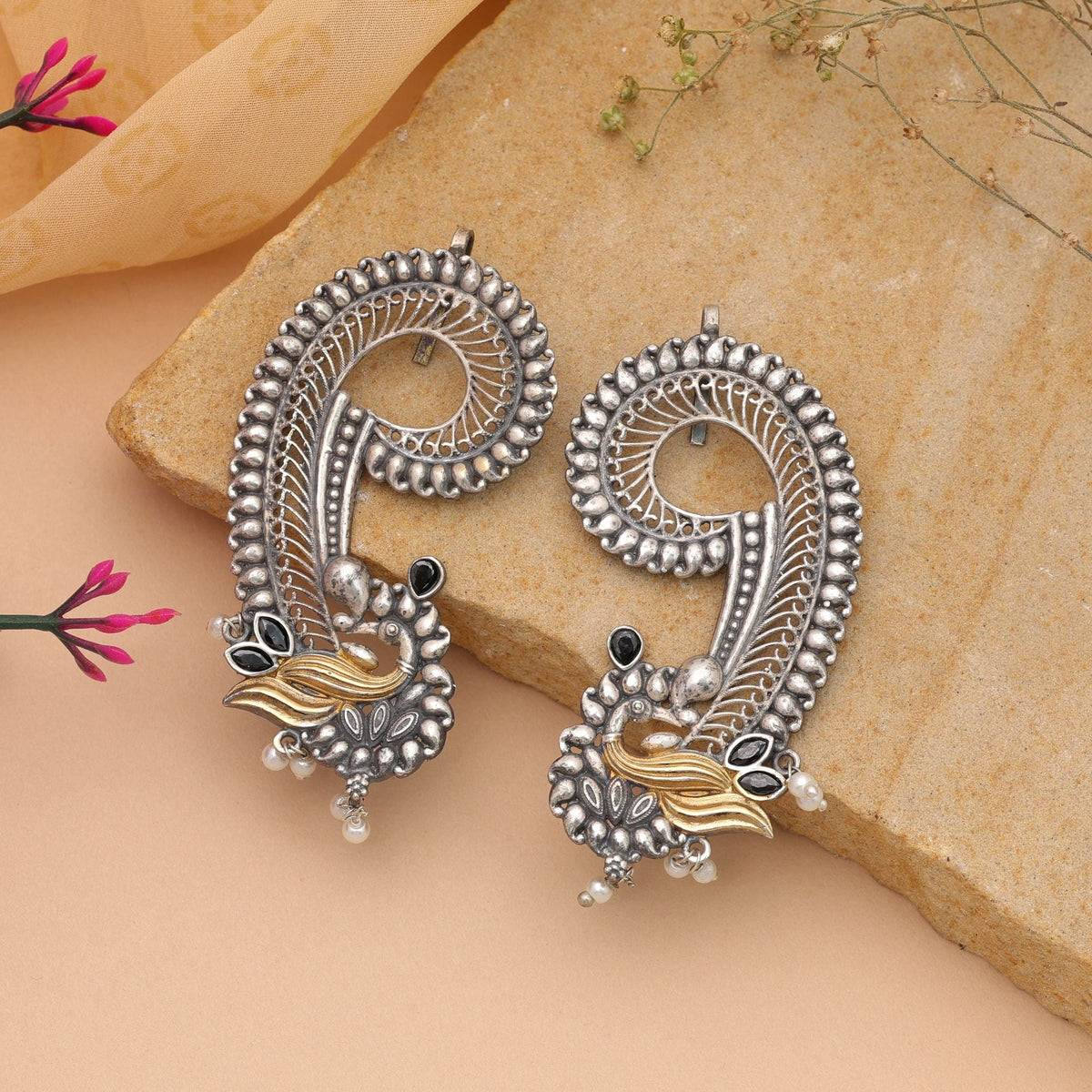 Black Color Dual Tone Oxidised Earrings Cuff