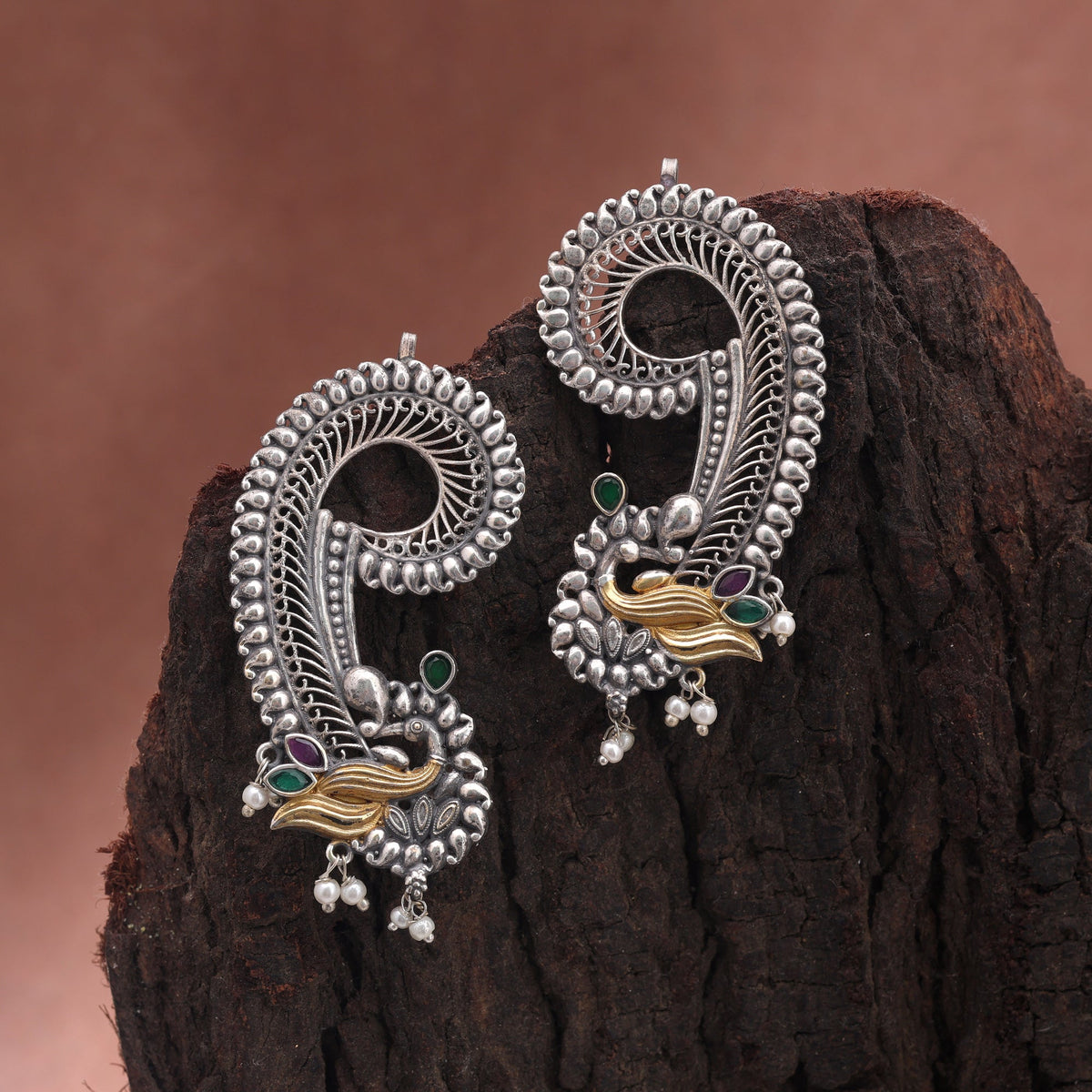 Pink & Green Color Dual Tone Oxidised Earrings With Elegant Traditional Style