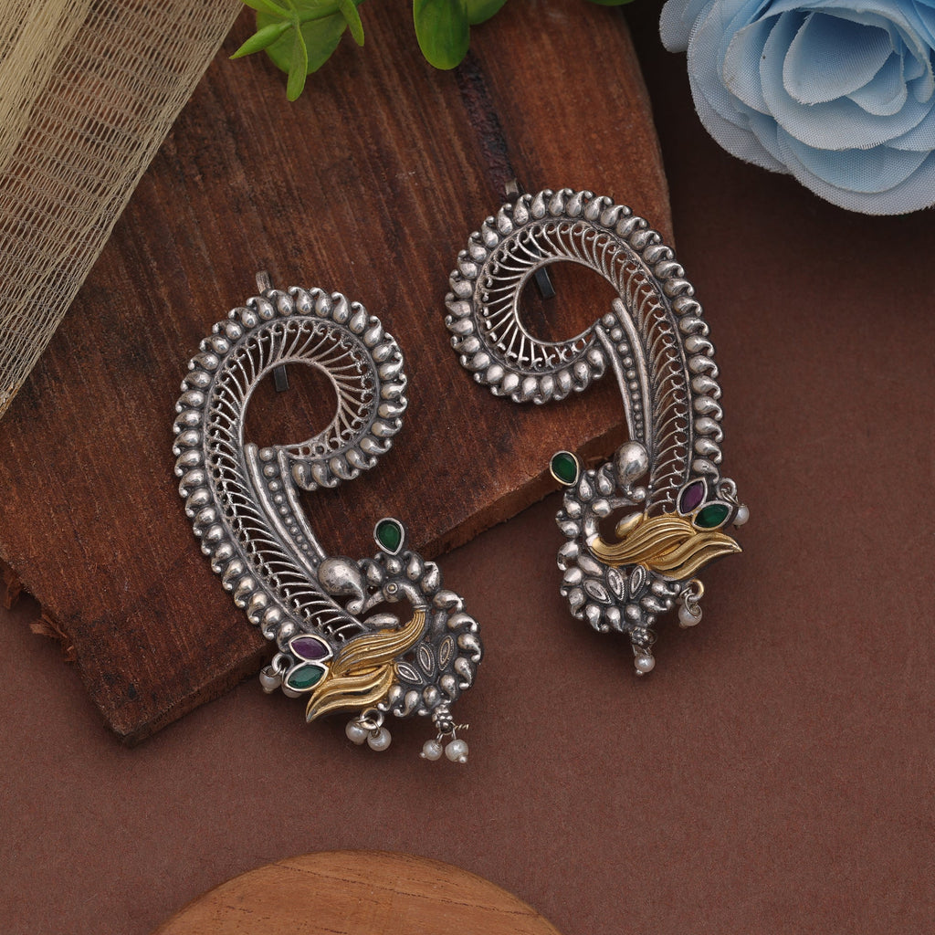 Pink & Green Color Dual Tone Oxidised Earrings With Elegant Traditional Style