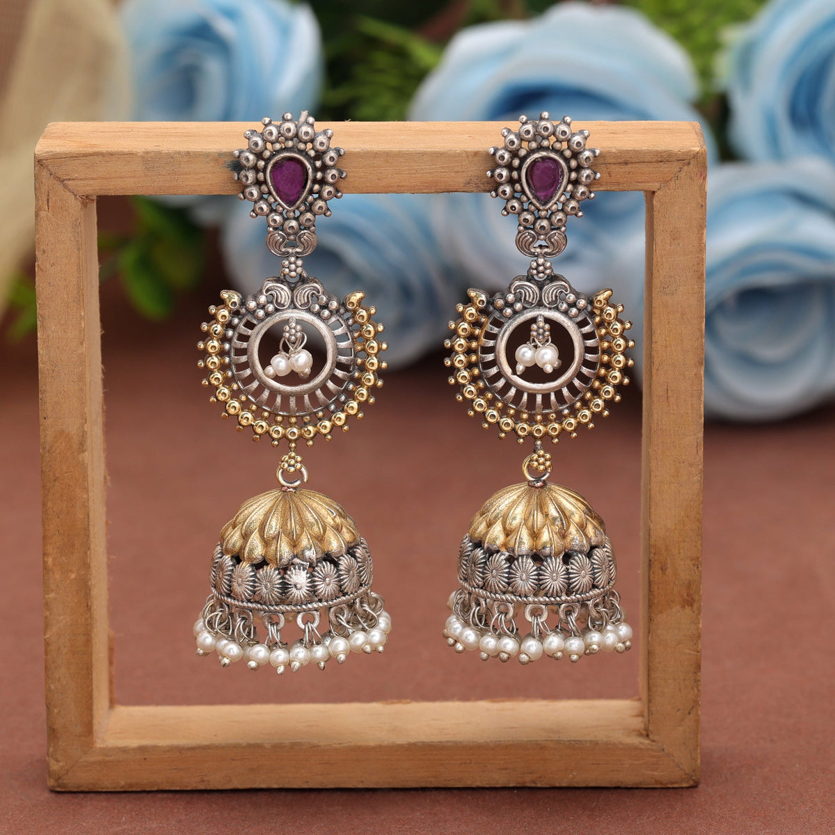Pink Color Dual Tone Oxidised Earrings With Beautiful Stylish Ethnic Design