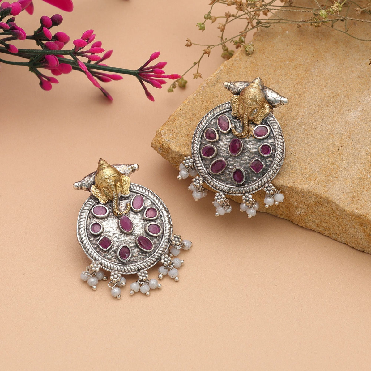 Pink Color Dual Tone Oxidised Stud Earrings