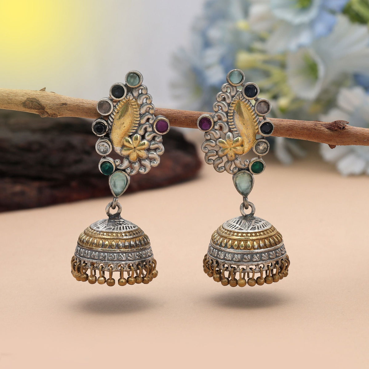 Multi Color Dual Tone Oxidised Jhumka Earrings