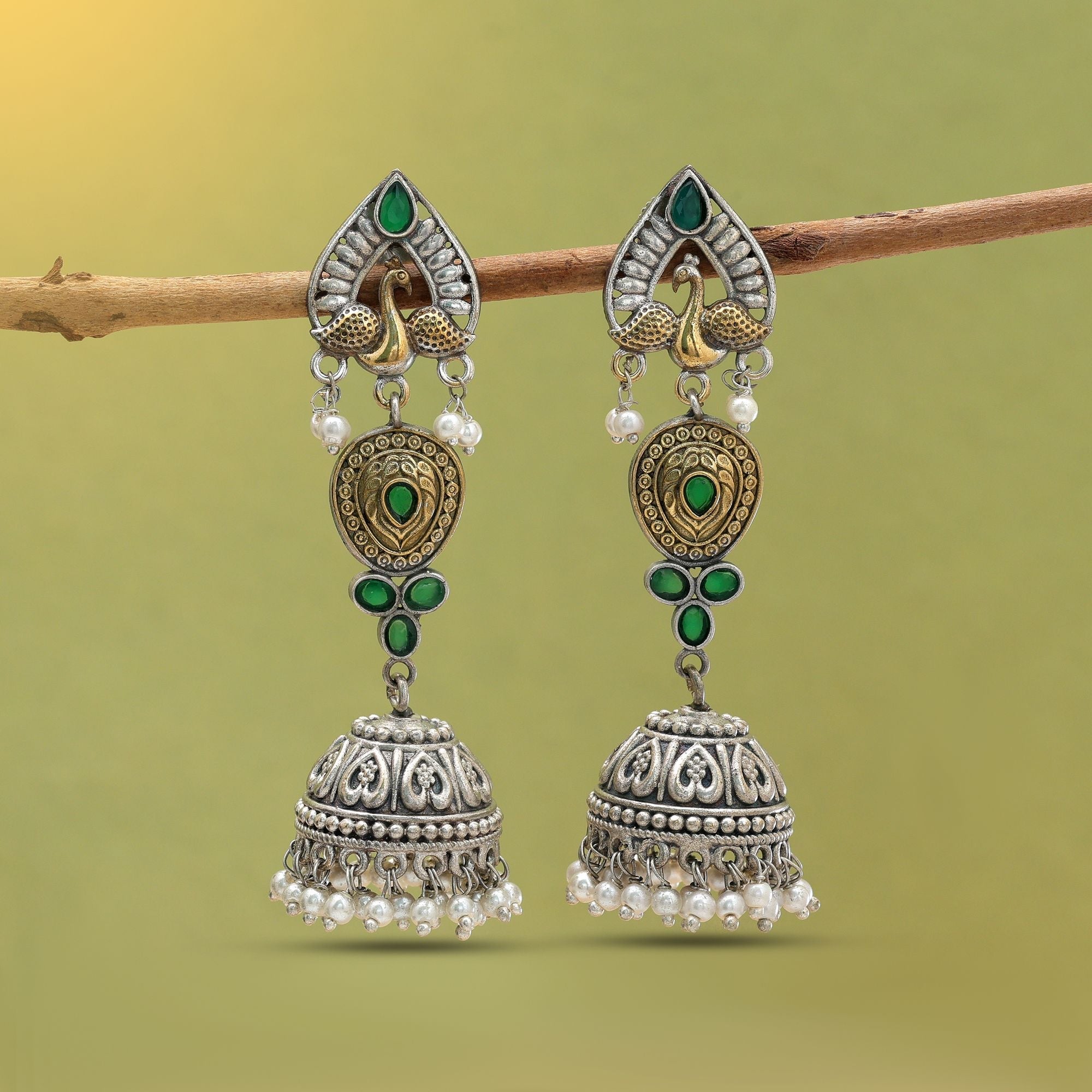 Green Color Dual Tone Oxidised Jhumka Earrings