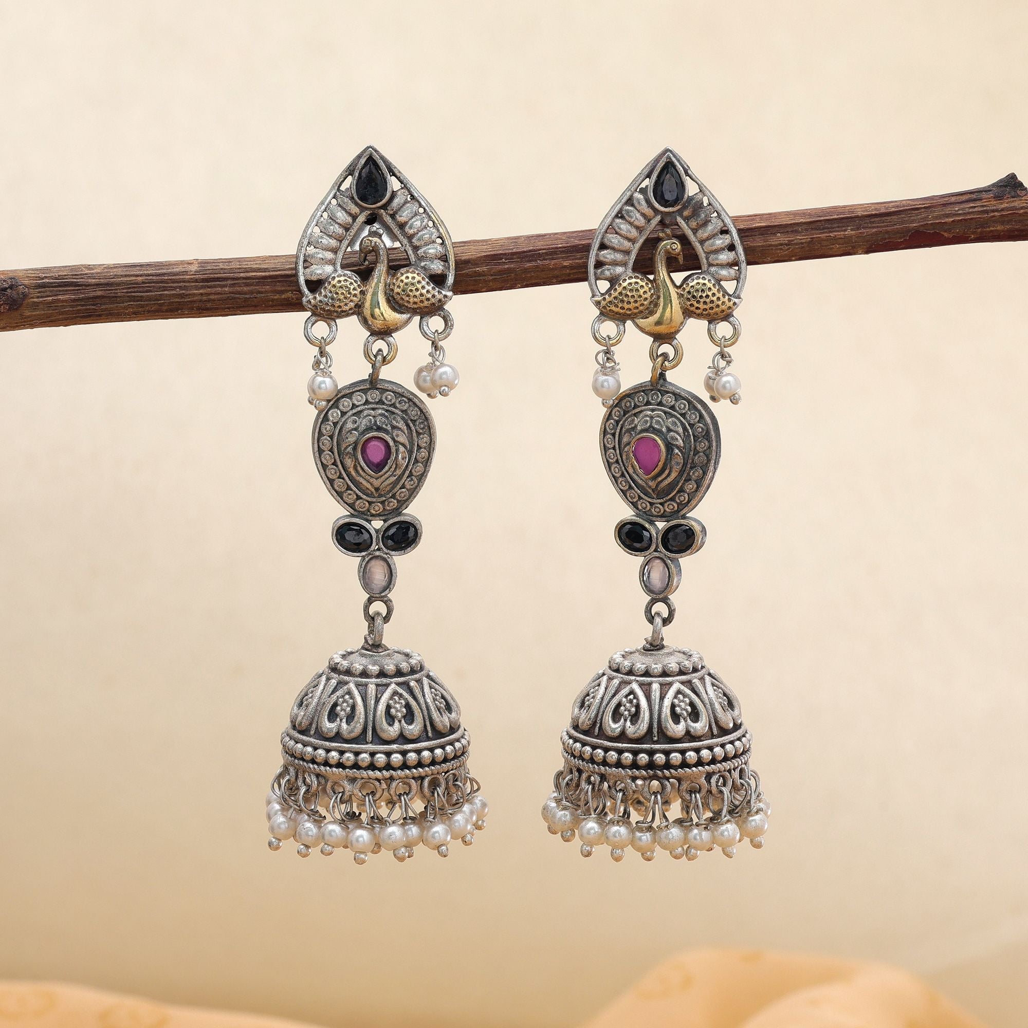 Multi Color Dual Tone Oxidised Jhumka Earrings