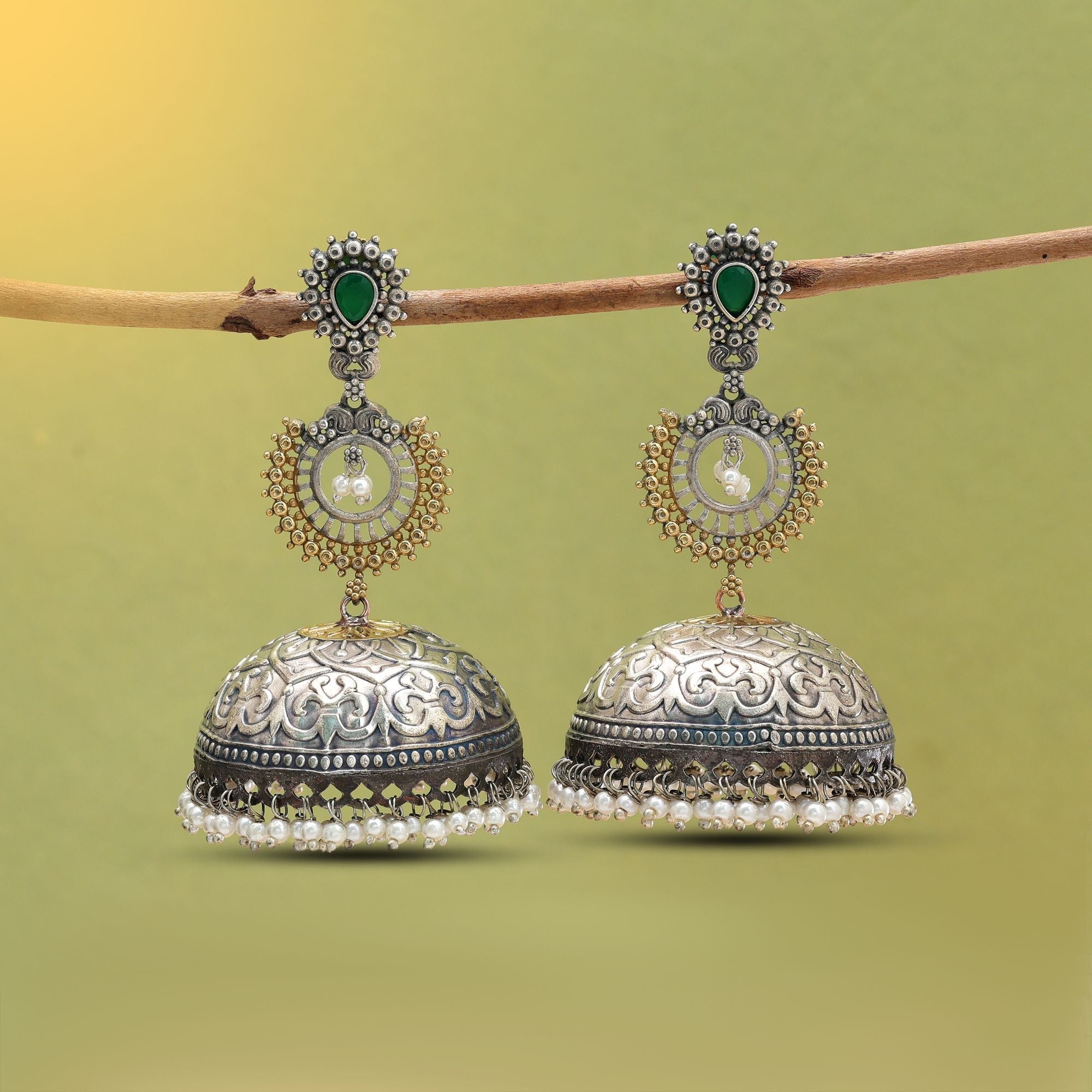 Green Color Dual Tone Oxidised Jhumka Earrings