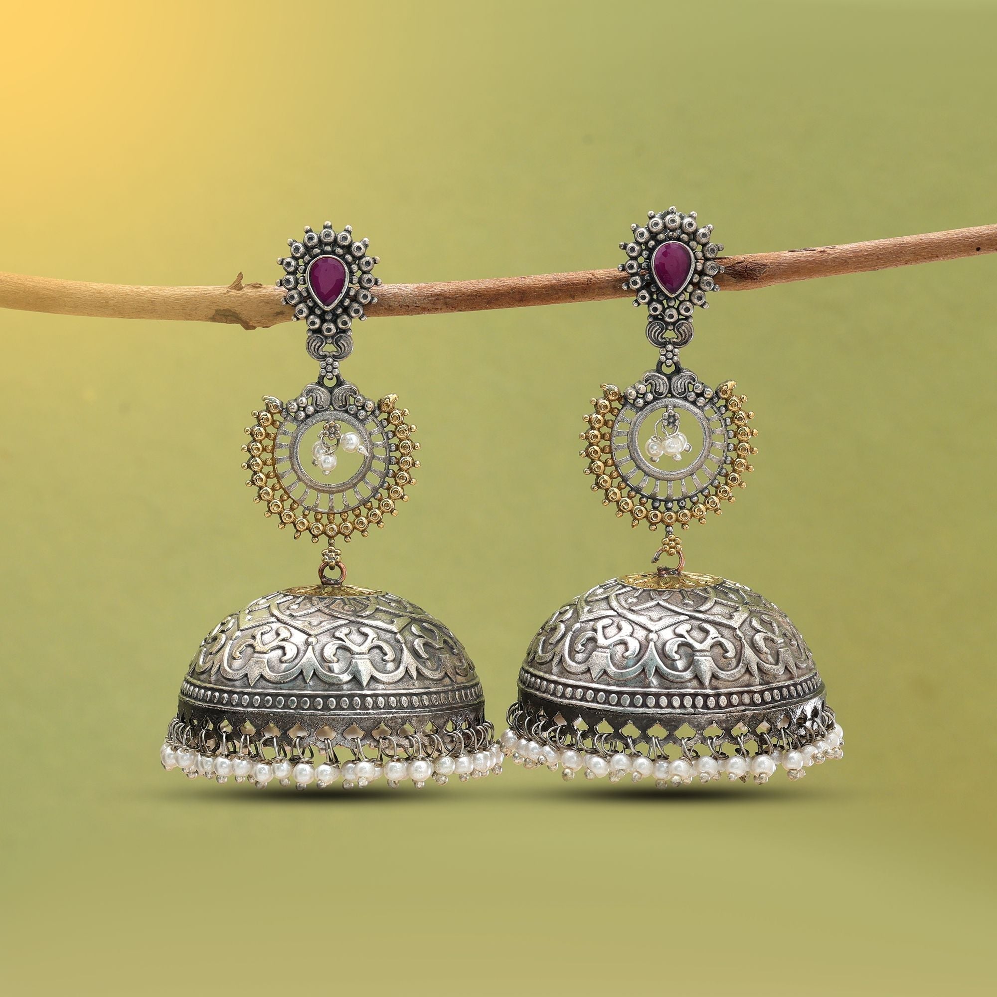 Pink Color Dual Tone Oxidised Jhumka Earrings
