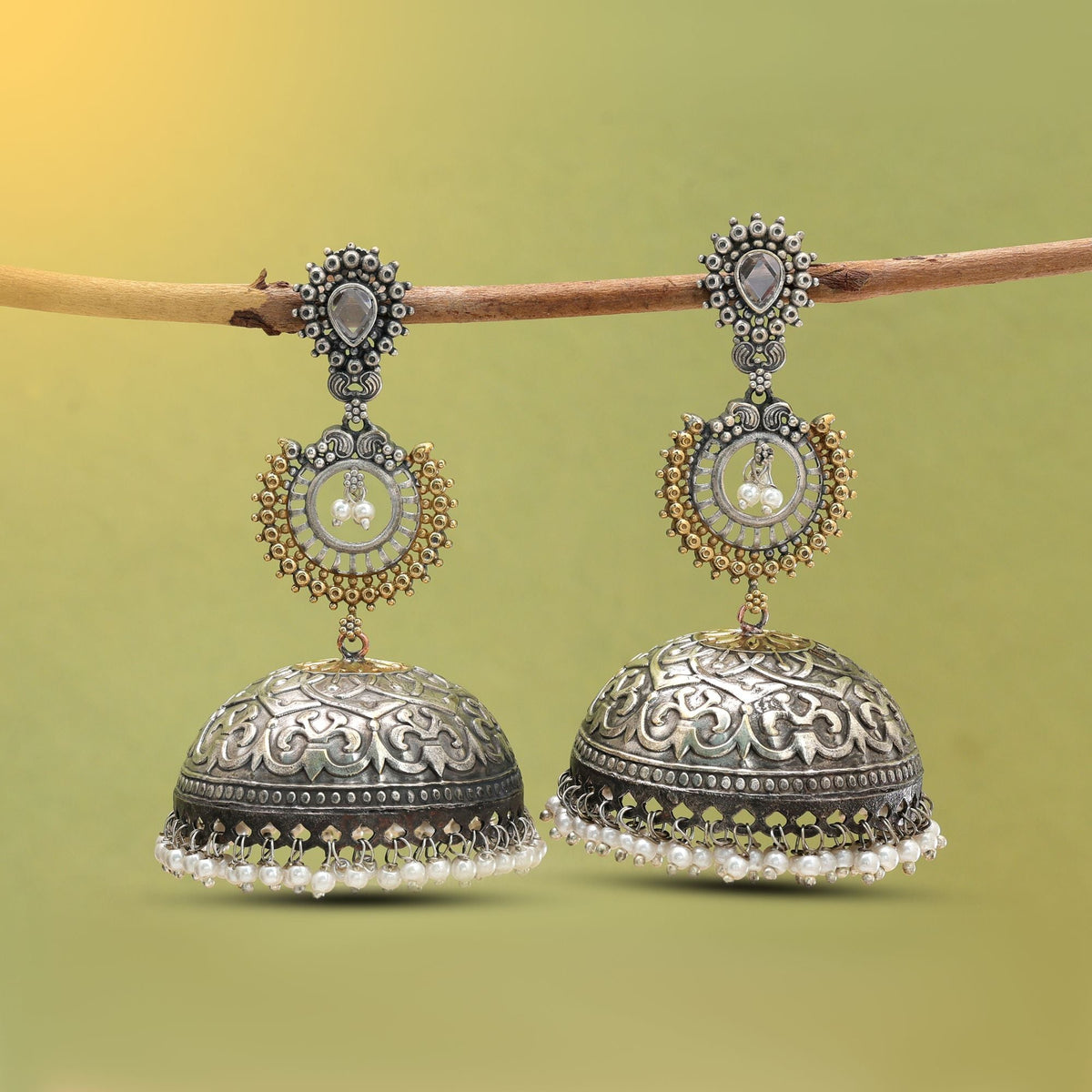 White Color Dual Tone Oxidised Jhumka Earrings
