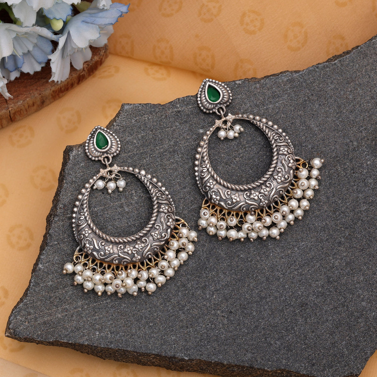 Green Color Dual Tone Oxidised Earrings With Elegant Stylish Jewellery Design