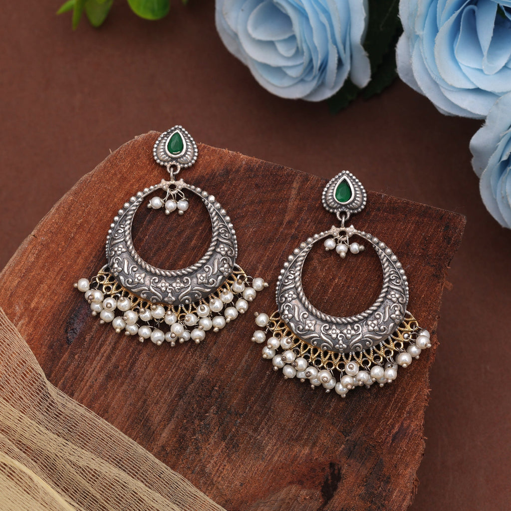 Green Color Dual Tone Oxidised Earrings With Elegant Stylish Jewellery Design