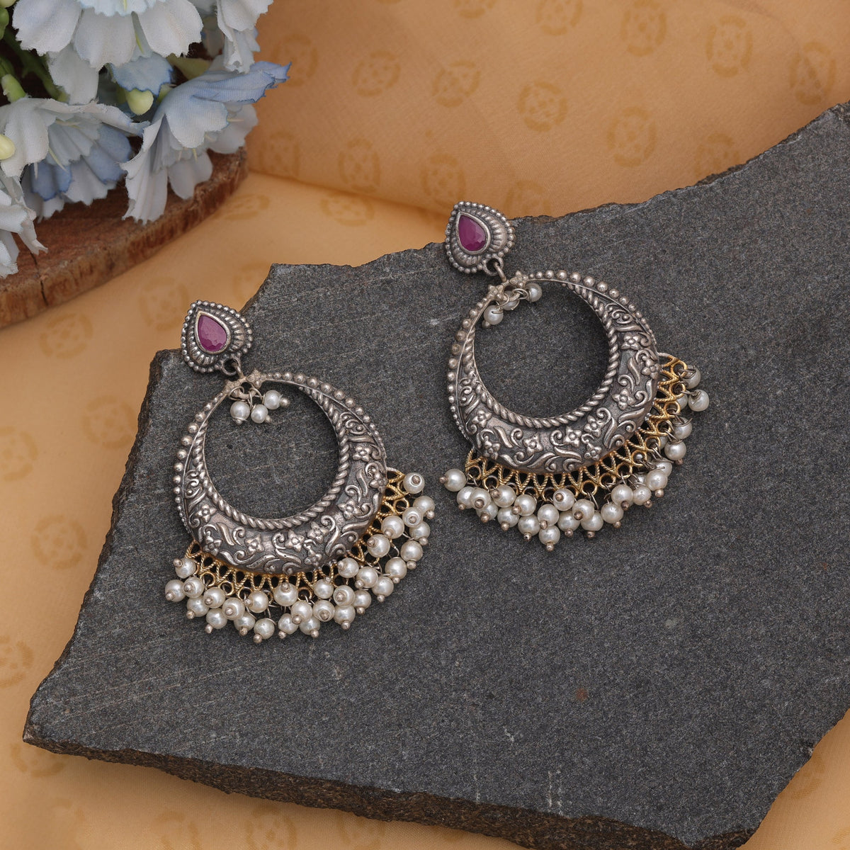 Pink Color Dual Tone Oxidised Earrings With Beautiful Festive Jewellery Design