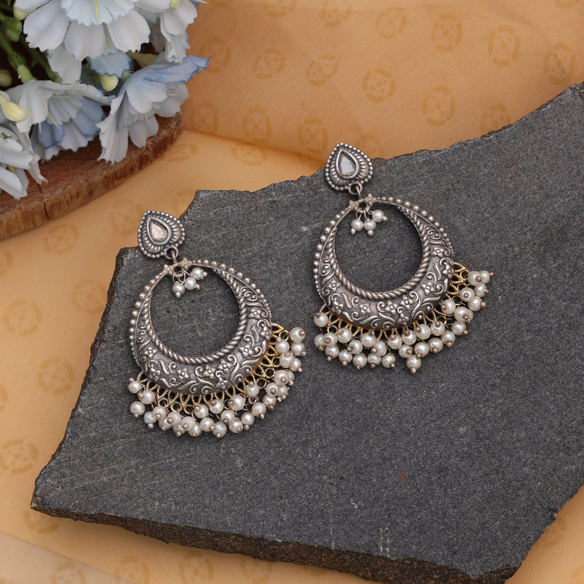 White Color Dual Tone Oxidised Earrings With Graceful Ethnic Traditional Appeal