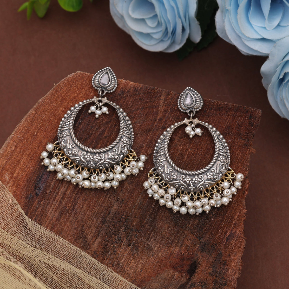 White Color Dual Tone Oxidised Earrings With Graceful Ethnic Traditional Appeal