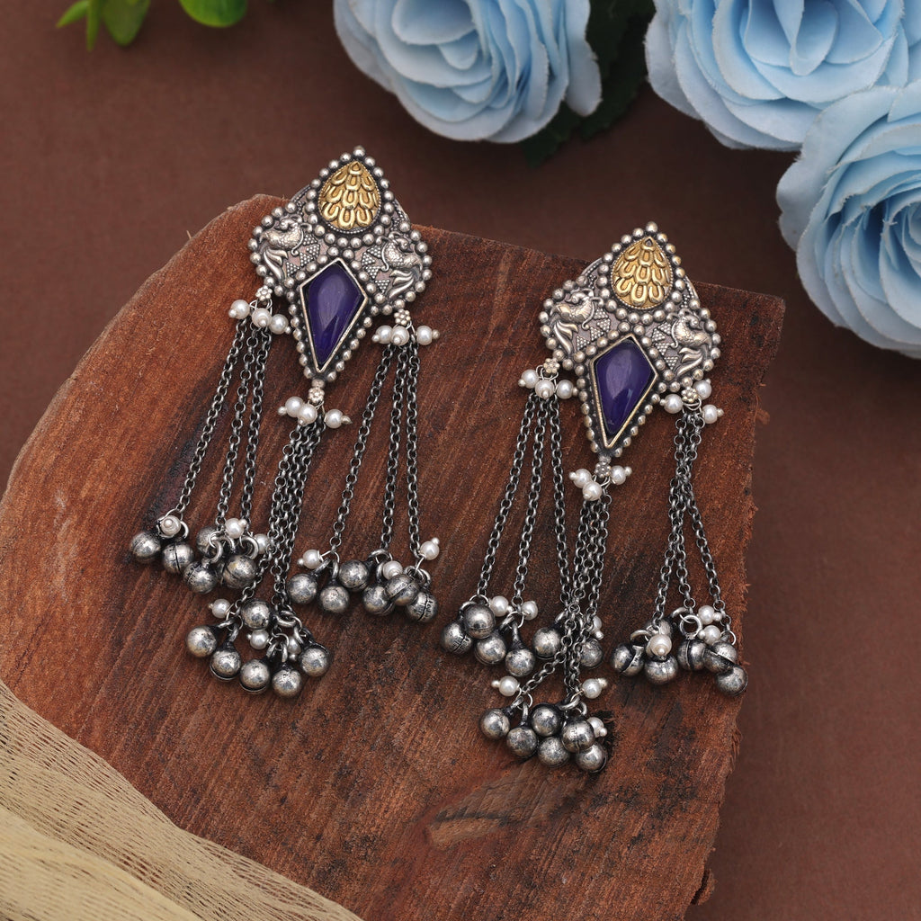 Blue Color Dual Tone Oxidised Earrings With Stylish Traditional Jewellery Design