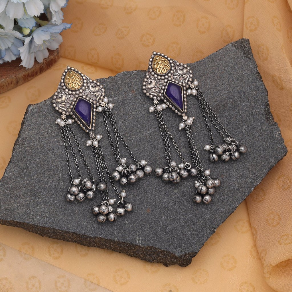 Blue Color Dual Tone Oxidised Earrings With Stylish Traditional Jewellery Design