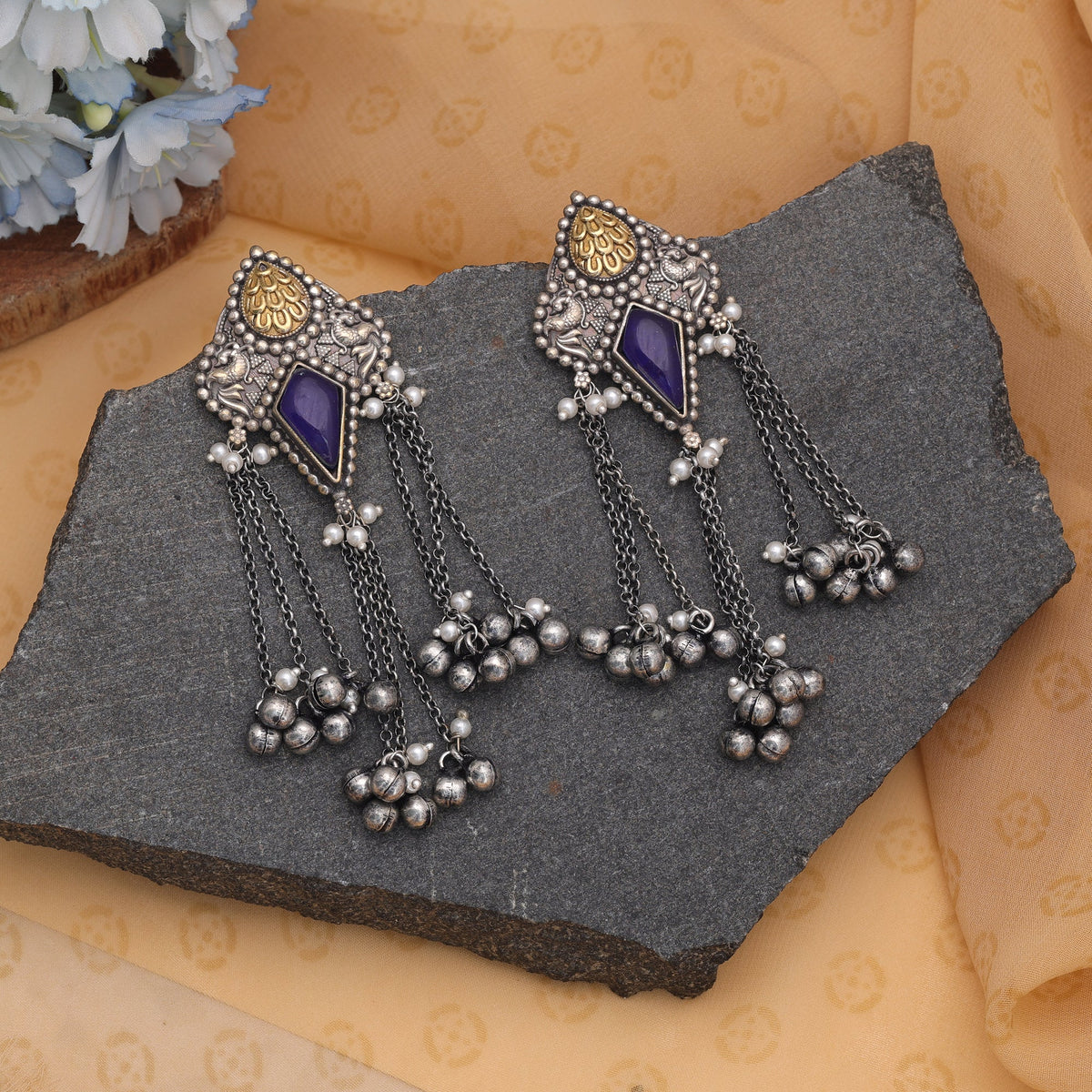 Blue Color Dual Tone Oxidised Earrings With Stylish Traditional Jewellery Design