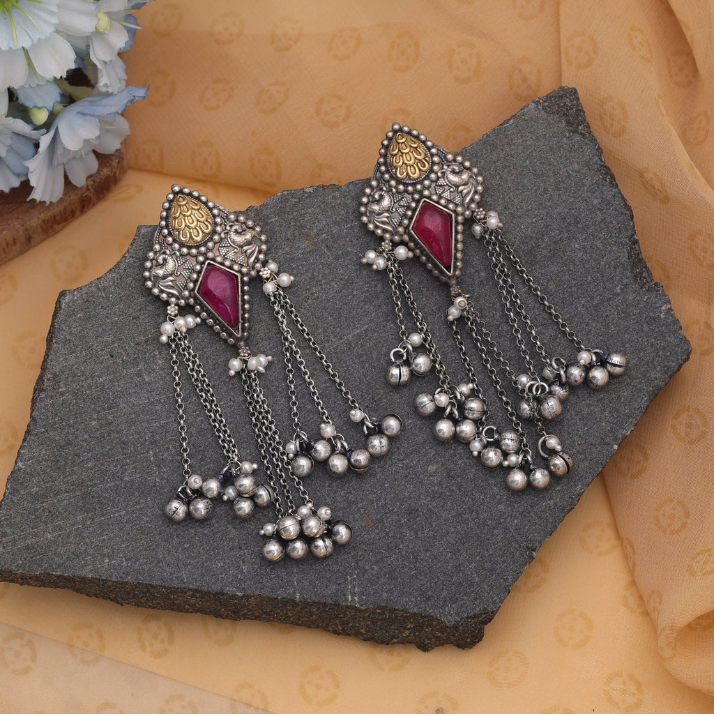 Pink Color Dual Tone Oxidised Earrings With Elegant Ethnic Jewellery Style