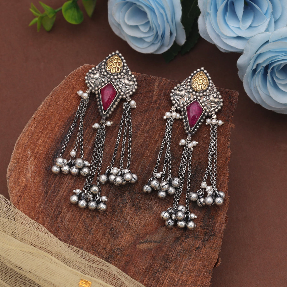 Pink Color Dual Tone Oxidised Earrings With Elegant Ethnic Jewellery Style
