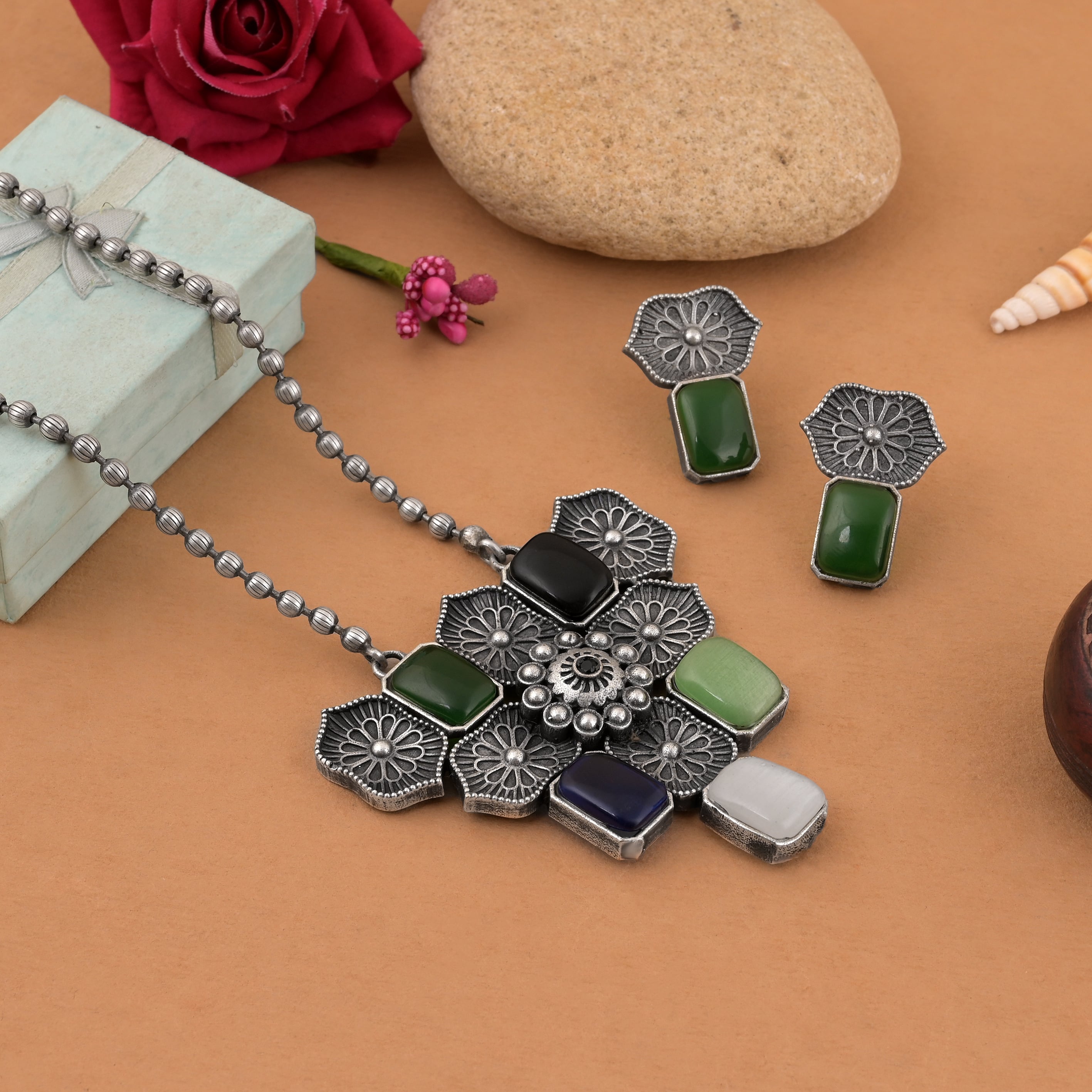 Multi Color Oxidised Necklace Set With Boho Chic Beaded Arrangement