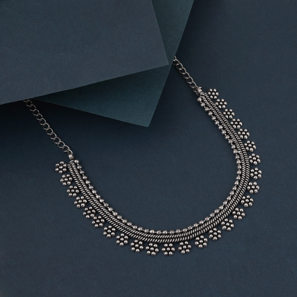Silver Color Oxidised Necklace With Engraved Elephant And Floral Motifs