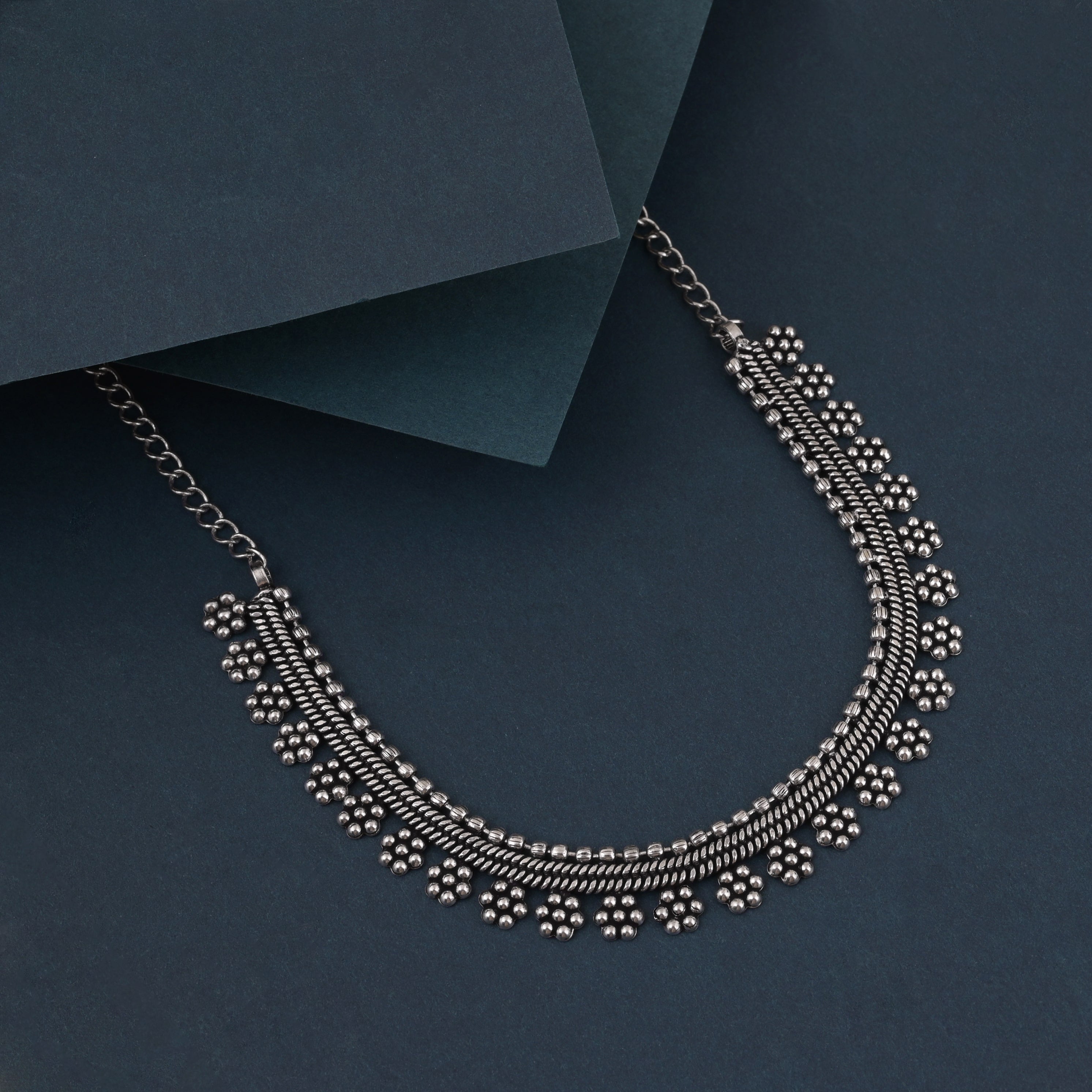 Silver Color Oxidised Necklace With Engraved Elephant And Floral Motifs