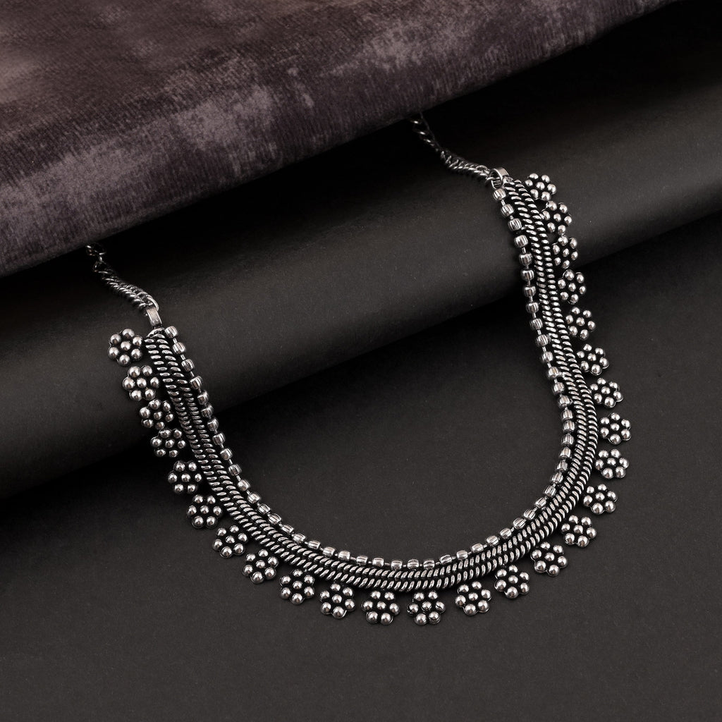 Silver Color Oxidised Necklace With Engraved Elephant And Floral Motifs