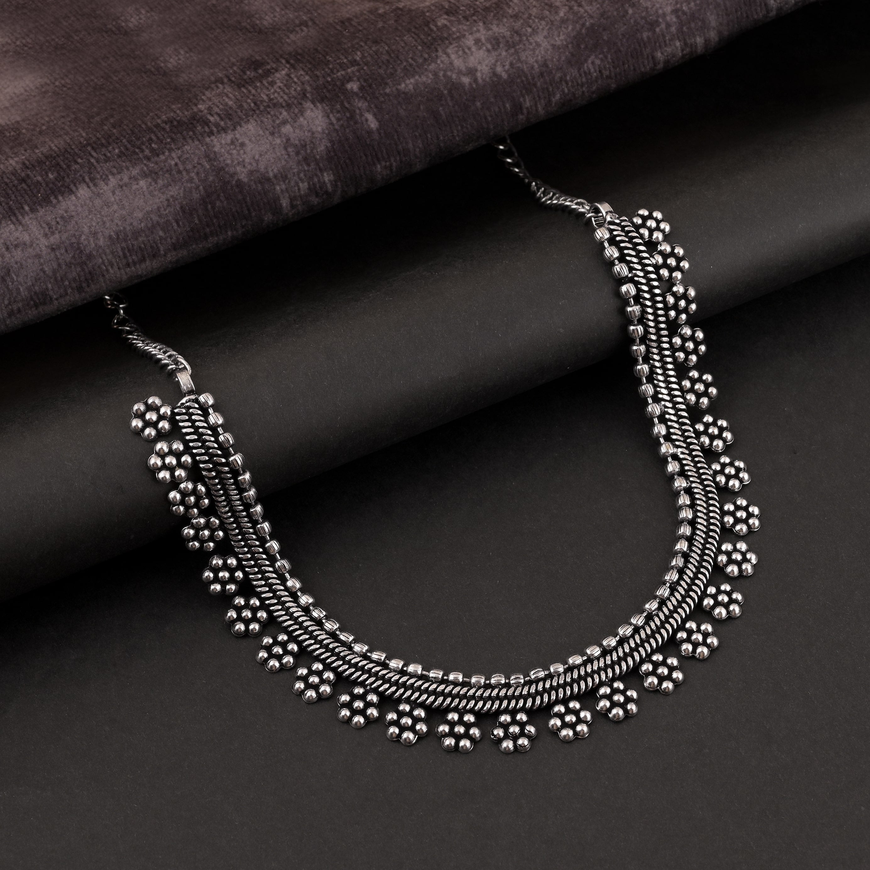 Silver Color Oxidised Necklace With Engraved Elephant And Floral Motifs