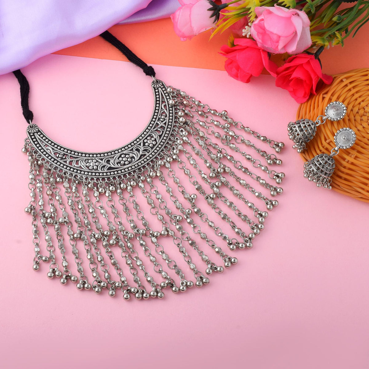 Traditional Silver Color Oxidised Necklace Set For Ethnic Wear Collections