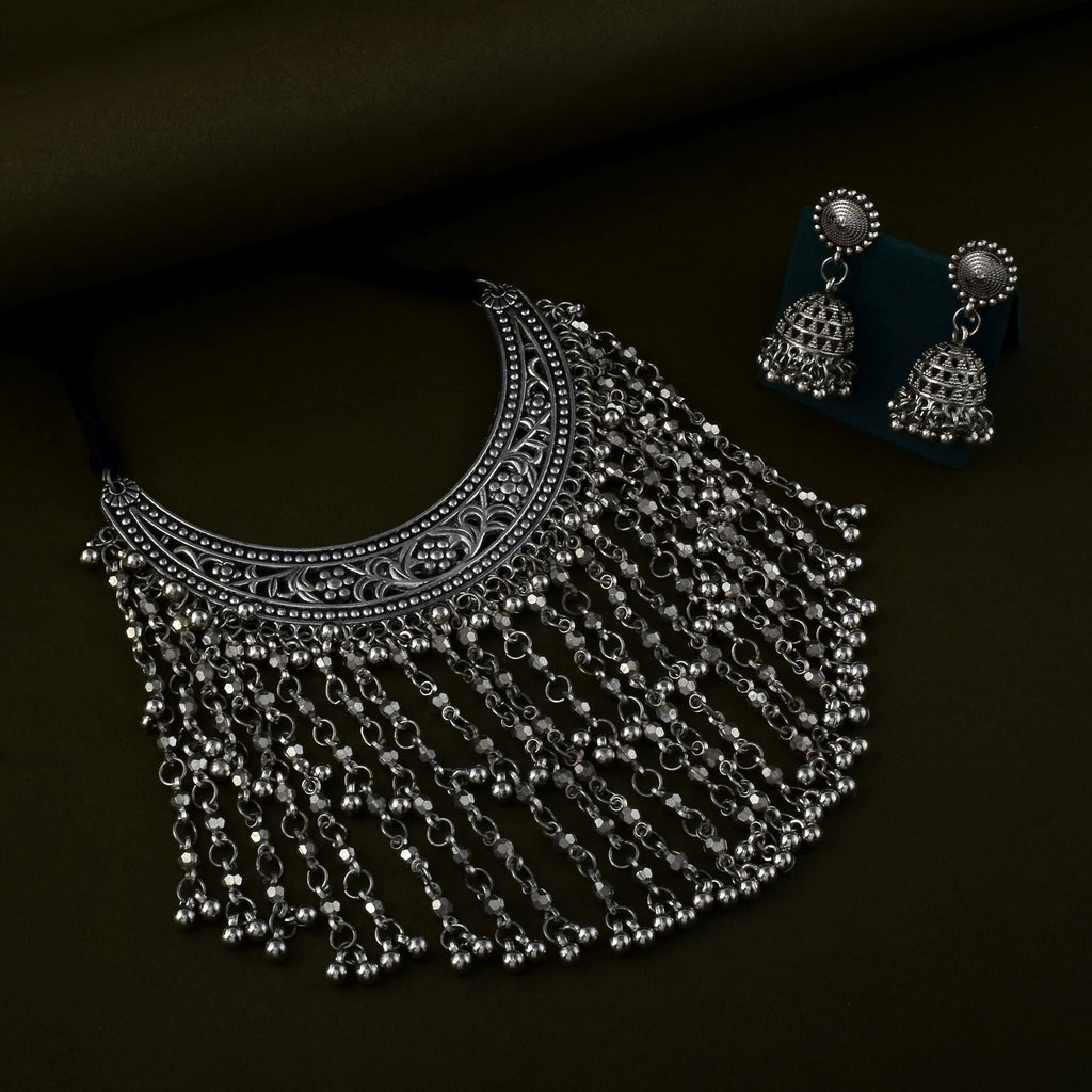 Traditional Silver Color Oxidised Necklace Set For Ethnic Wear Collections