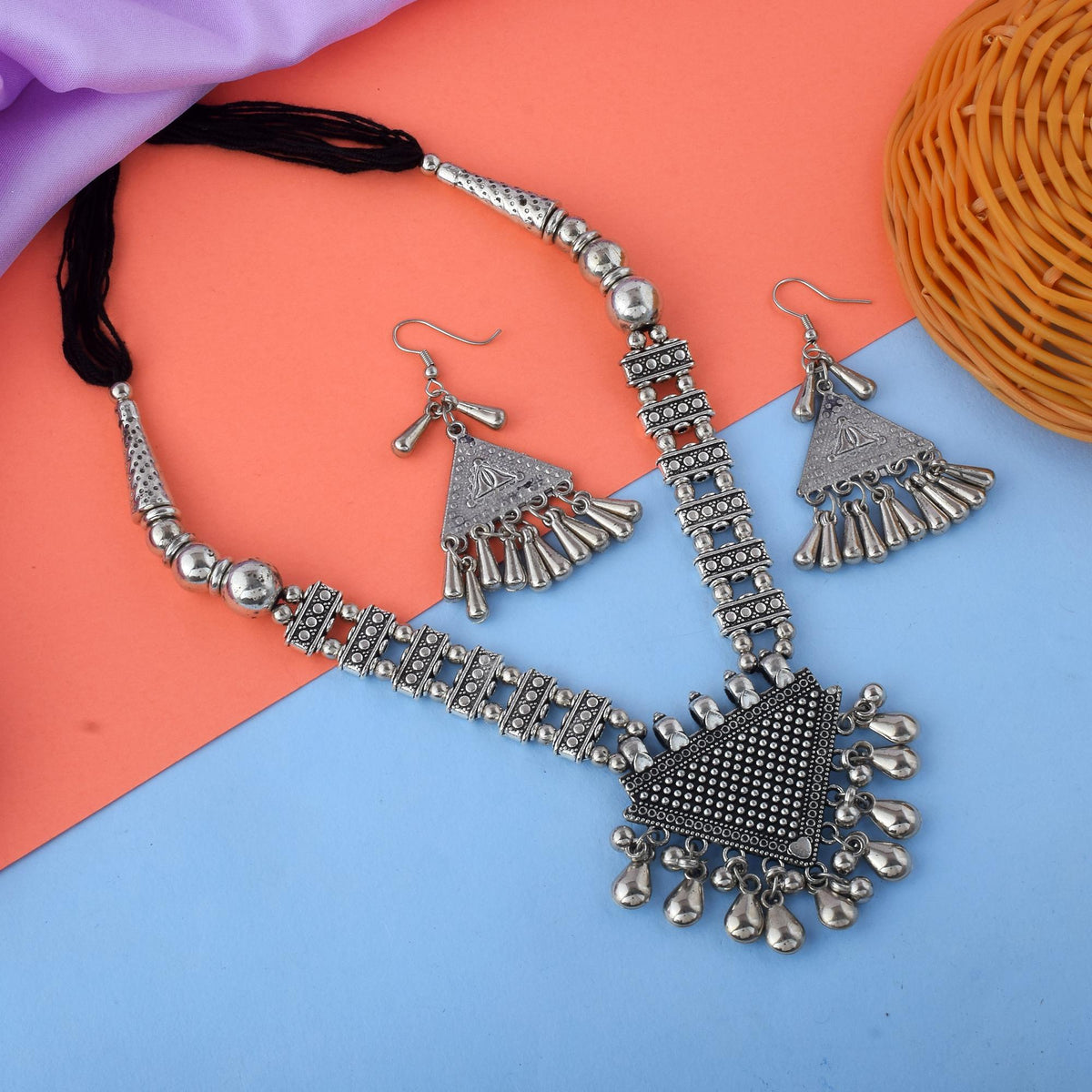 Handcrafted Silver Color Oxidised Necklace Set For Contemporary Ethnic Fashion