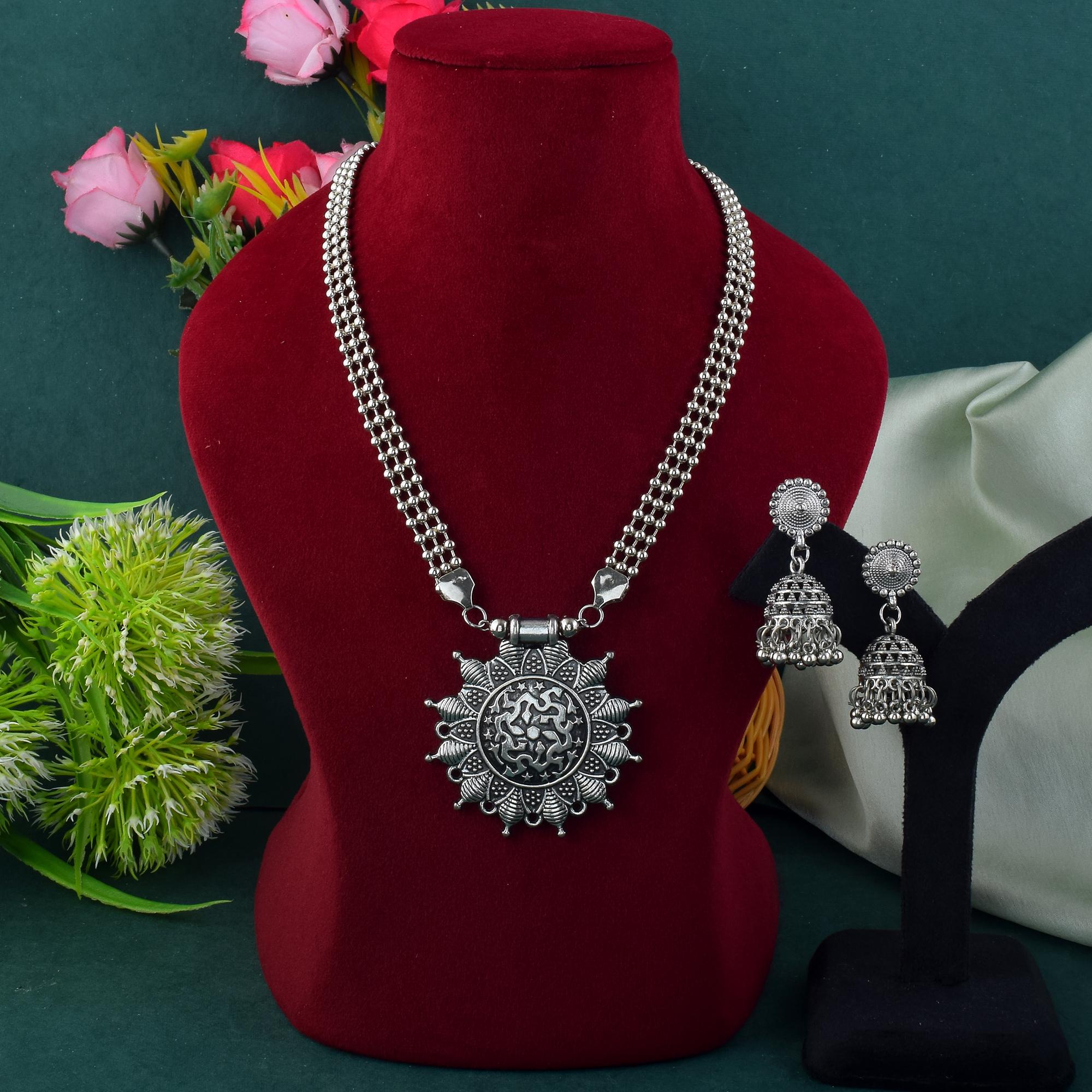 Rustic Silver Color Oxidised Necklace Set To Complement Bohemian Wardrobes