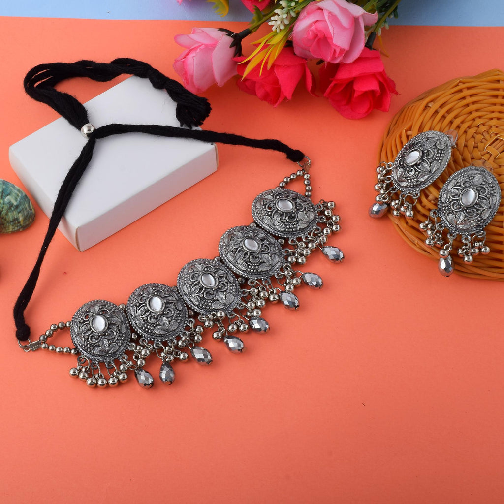 Antique Silver Color Oxidised Necklace Set With Floral And Tribal Motifs