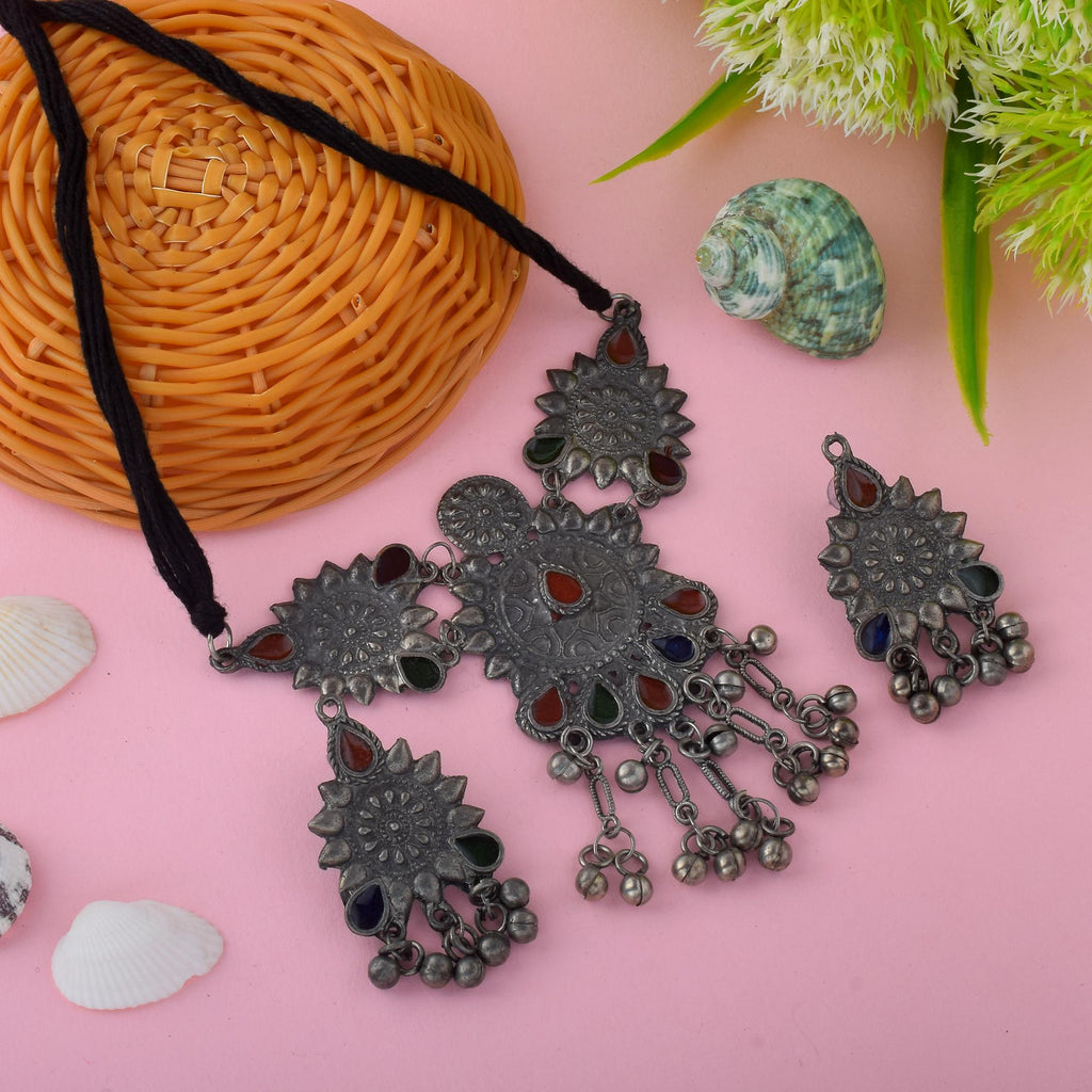 Multi Color Meena Work Oxidised Necklace Set For Vibrant Festive Dressing
