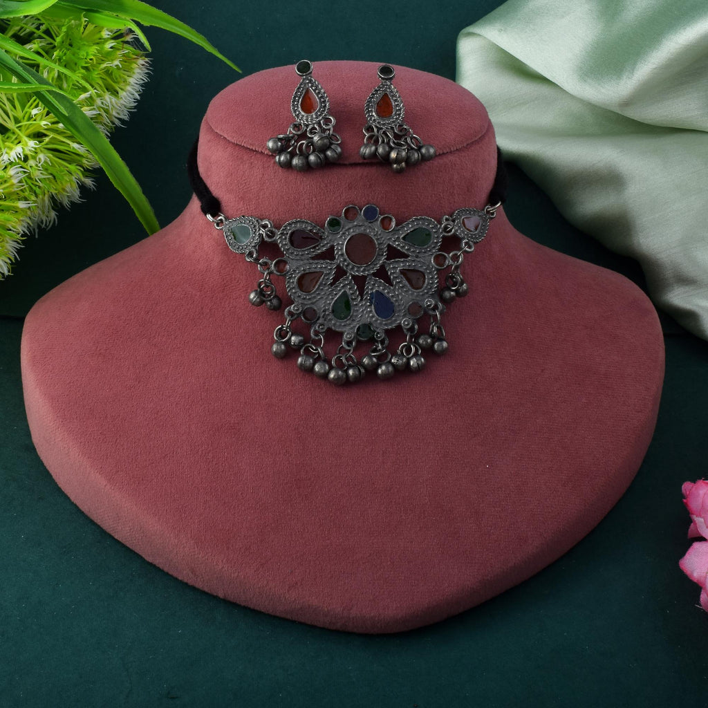 Classic Multi Color Meena Work Oxidised Necklace Set With Elegant Finishing