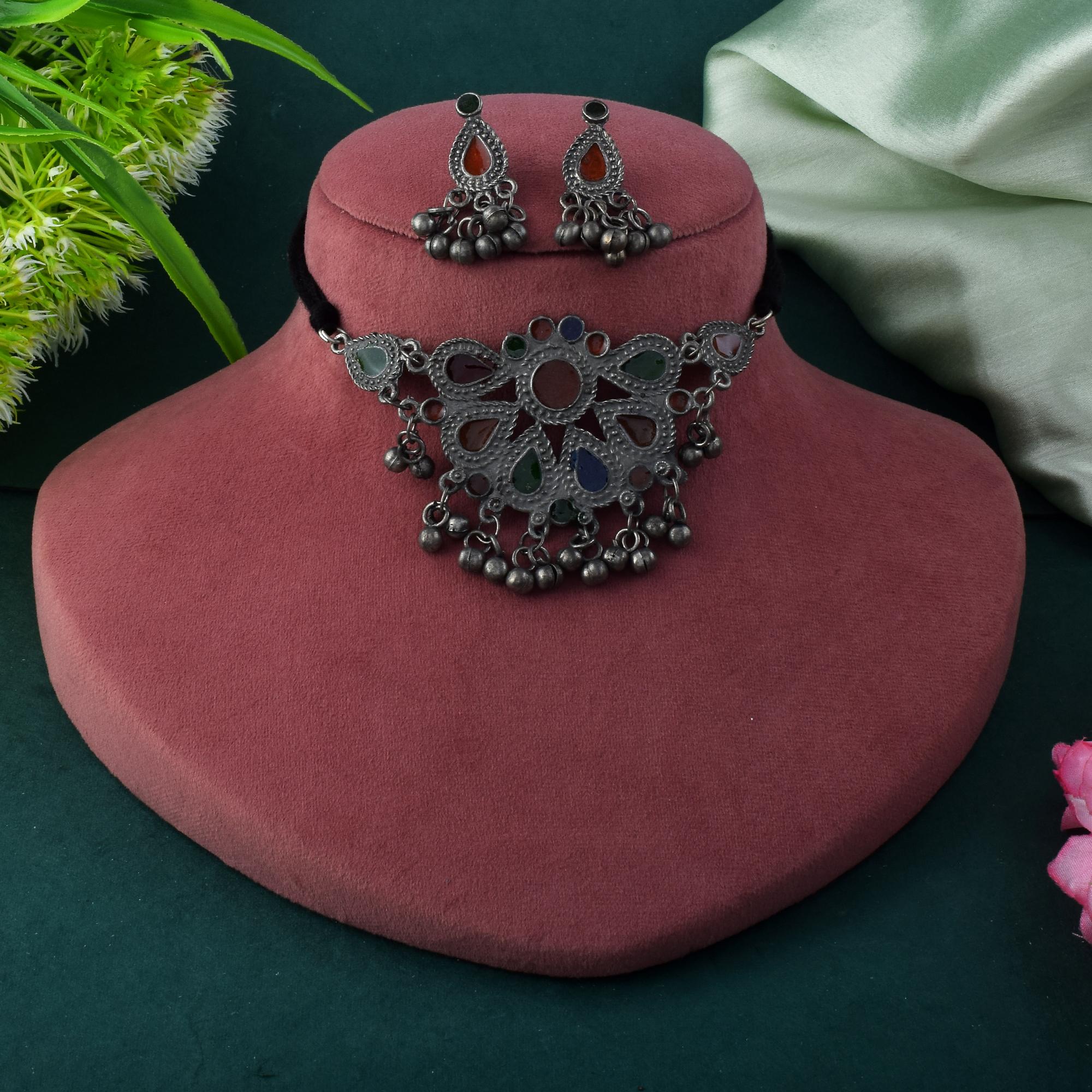 Classic Multi Color Meena Work Oxidised Necklace Set With Elegant Finishing