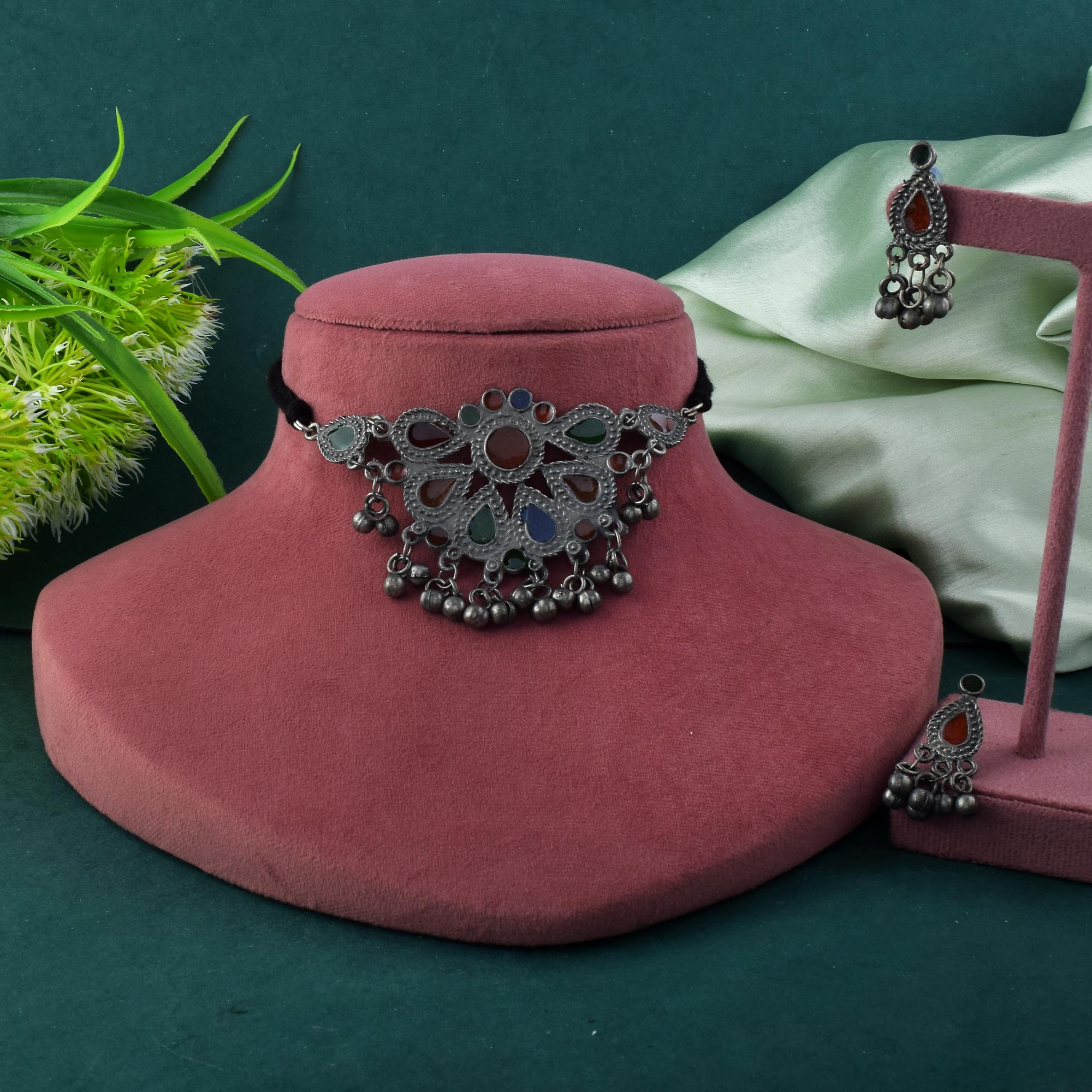 Classic Multi Color Meena Work Oxidised Necklace Set With Elegant Finishing