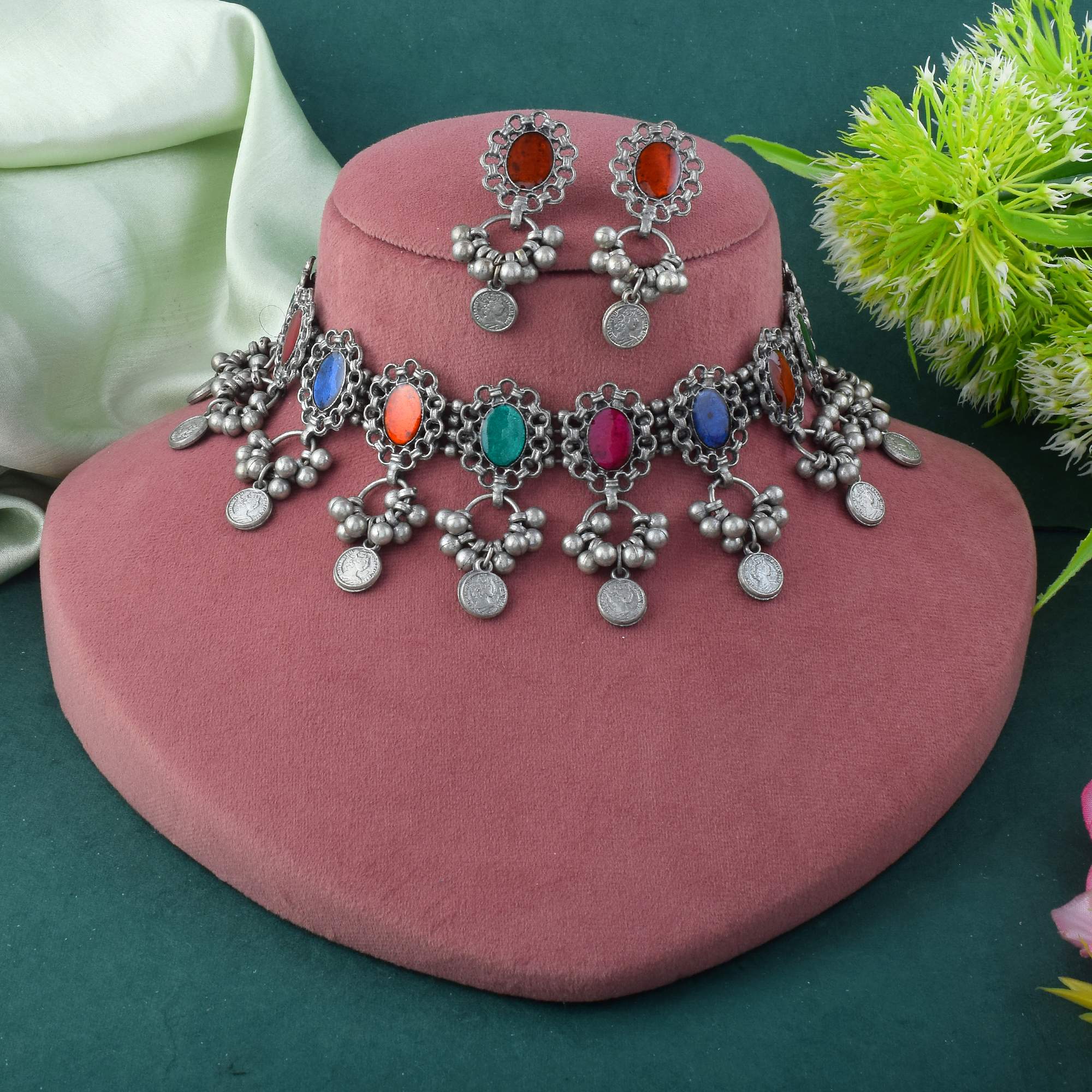 Multicolor Meena Work Oxidised Necklace Set With Artistic Ethnic Detailing