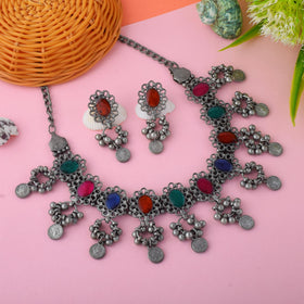 Multicolor Meena Work Oxidised Necklace Set With Artistic Ethnic Detailing