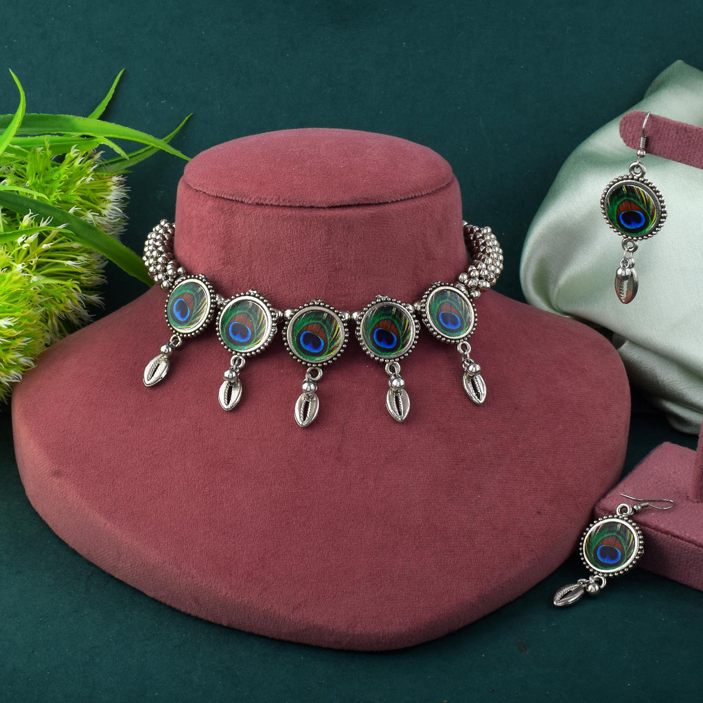 Unique Multi Color Peacock Feather Hasli Oxidised Necklace Set For Bold Looks