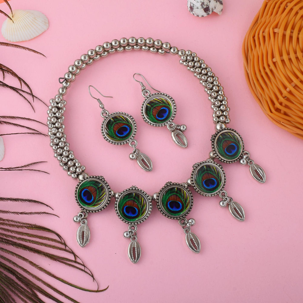 Unique Multi Color Peacock Feather Hasli Oxidised Necklace Set For Bold Looks