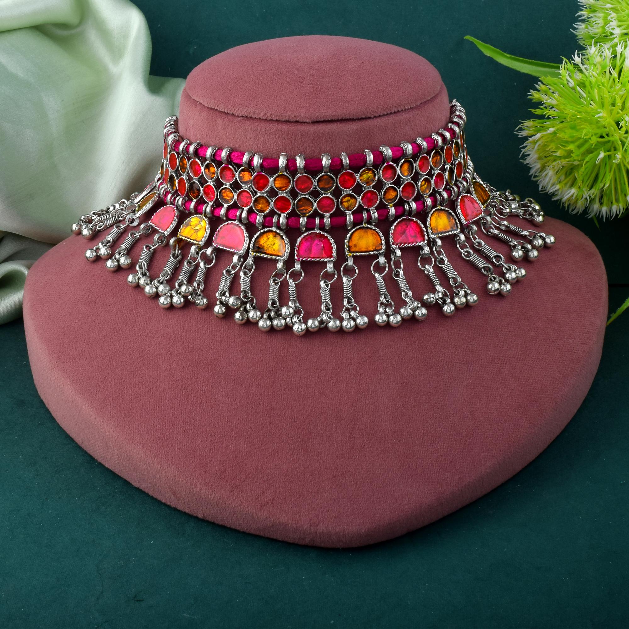 Bright Multi Color Meena Work Oxidised Necklace Set For Vibrant Ethnic Looks