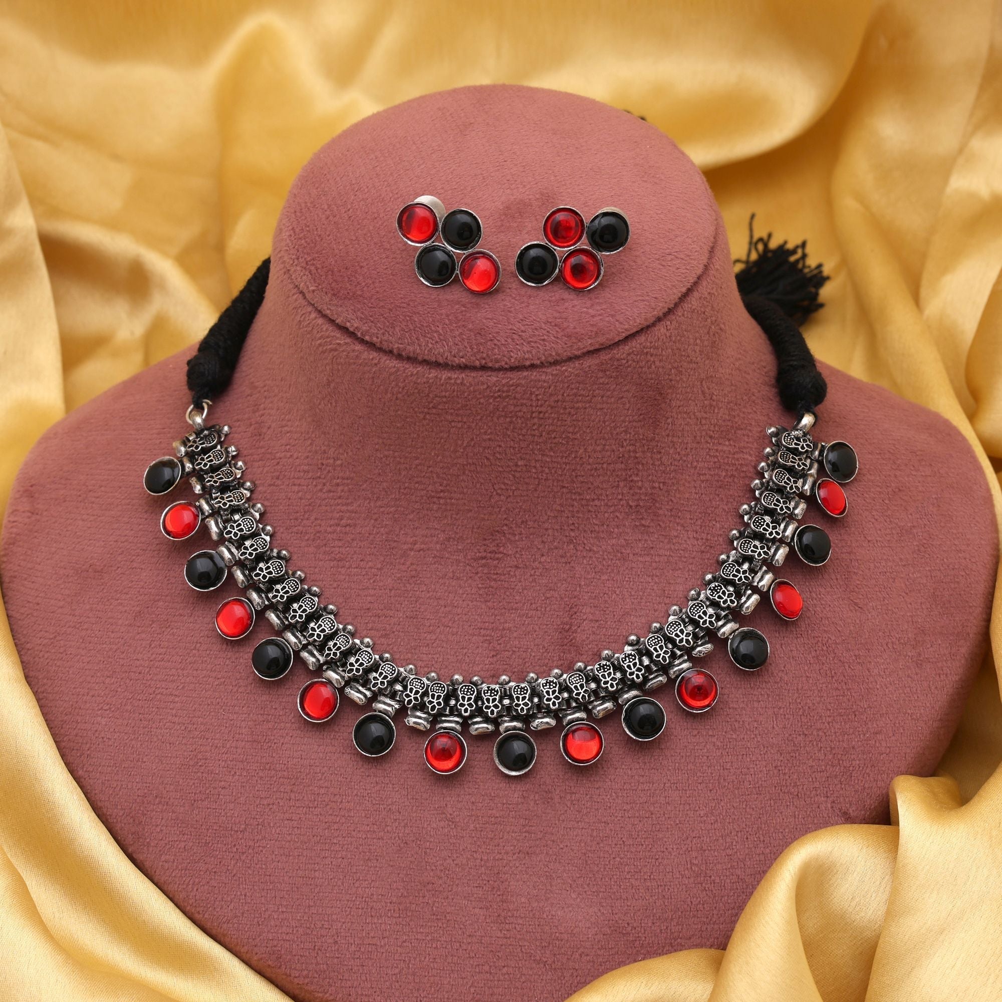 Stylish Red And Black Color Oxidised Necklace Set Perfect For Bridal Party Outfits