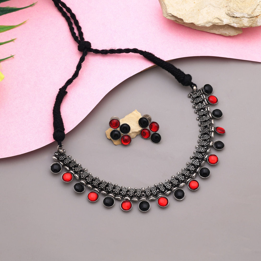 Stylish Red And Black Color Oxidised Necklace Set Perfect For Bridal Party Outfits