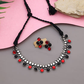 Classic Red And Black Color Oxidised Necklace Set Perfect For Wedding And Party Looks
